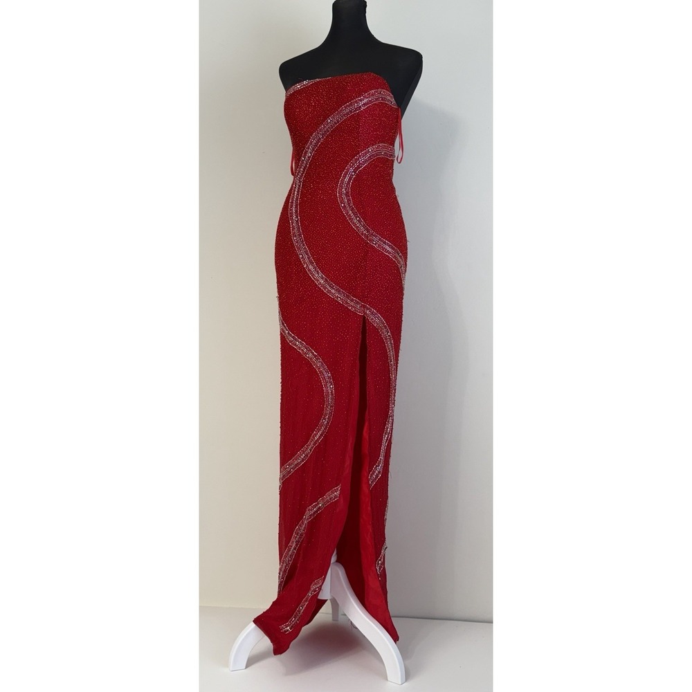 Vtg Alyce Designs Silk Gown Sz 2(XS)Red Beaded Rhinestone Strapless Formal Dress